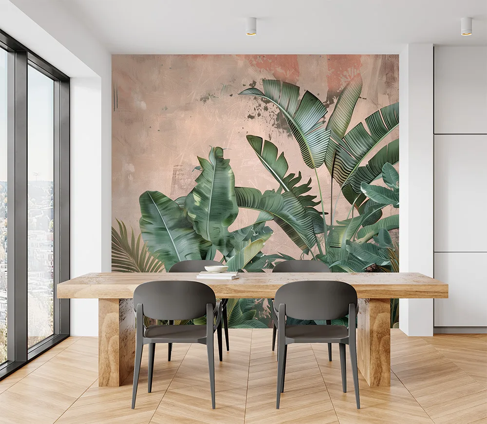 A Tropical peel and stick mural featuring lush banana and palm leaves set against a soft terracotta-textured backdrop