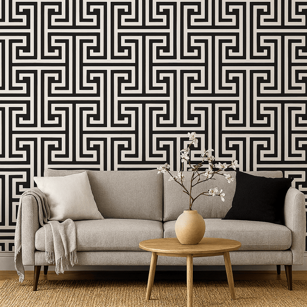 Black and white are deco square pattern available in paste the wall or peel and stick from BANG Wallpaper California.