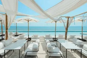 White restaurant with a beach view wallpaper and wall murals shop in South Africa. Wallpaper and wall mural online store with a huge range for sale.