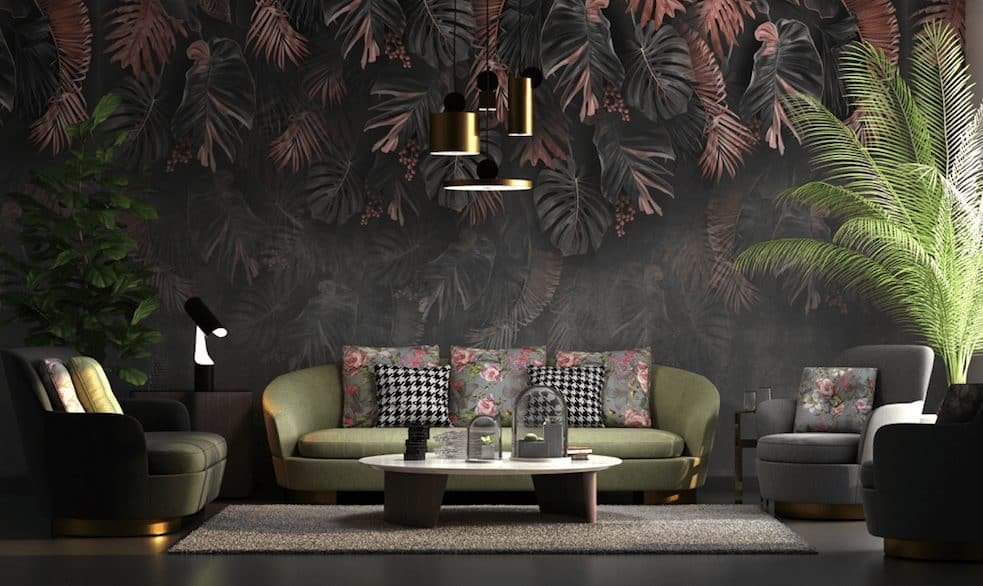 Statement Collection overhanging black tropical leaves with red metallic finishes wallpaper and wall murals shop in South Africa. Wallpaper and wall mural online store with a huge range for sale.