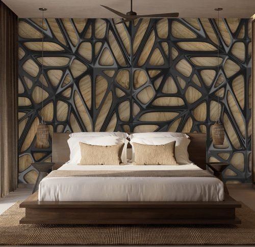 Brown wood with a geometric black overlay pattern wallpaper and wall murals shop in South Africa. Wallpaper and wall mural online store with a huge range for sale.