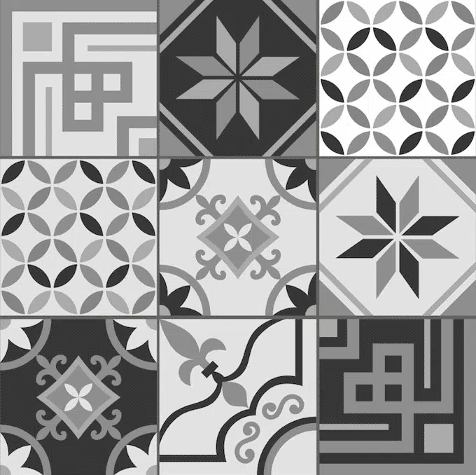 Greyscale geometric patterns on tiles wallpaper and wall murals shop in South Africa. Wallpaper and wall mural online store with a huge range for sale. 