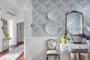 A stunning installation of Aquitane Outline Wallpaper in an entryway.