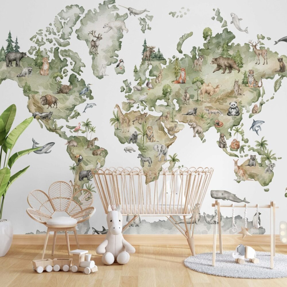 Watercolor world map with animals and natural elements. Wallpaper and wall murals USA