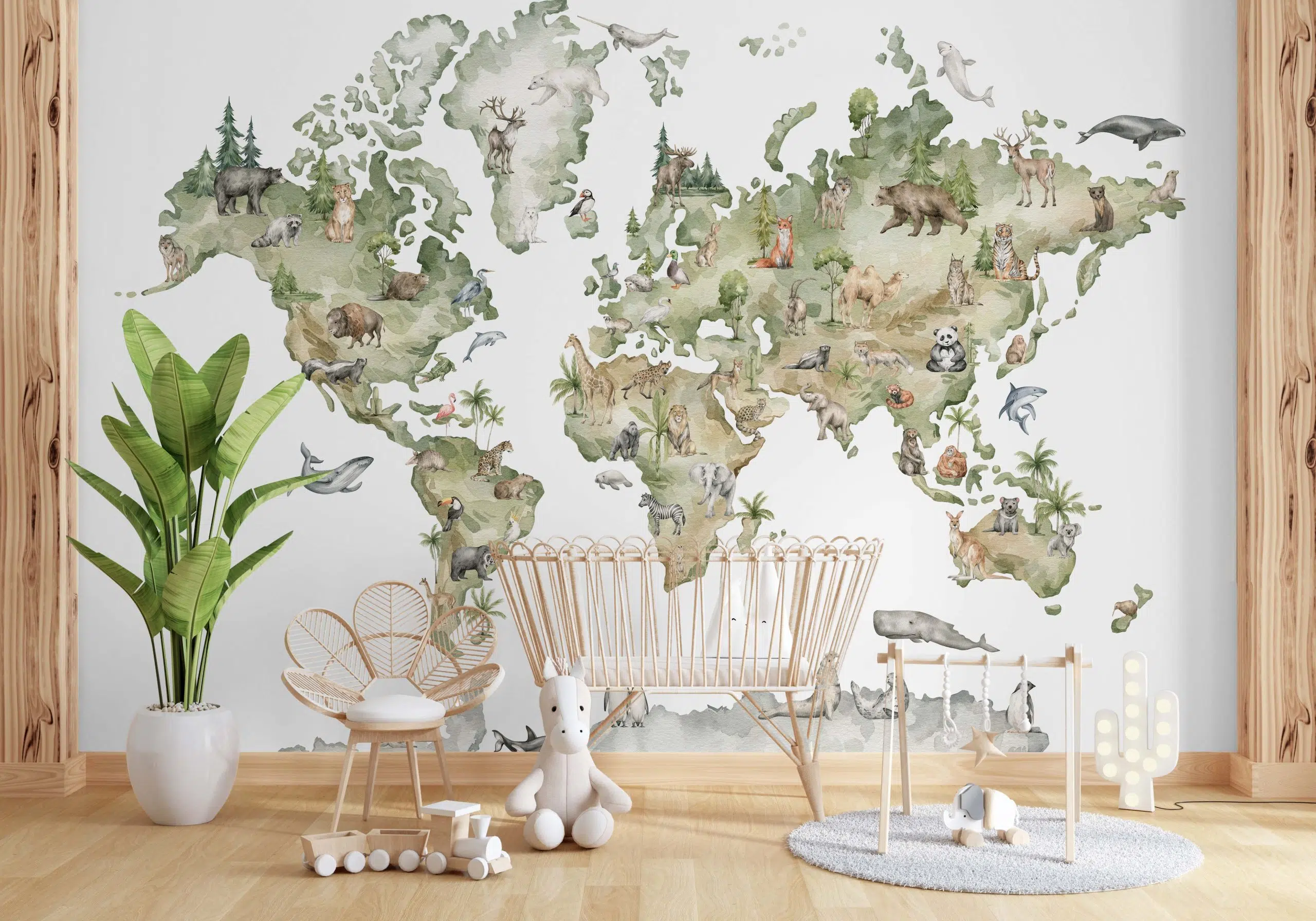 Watercolor world map with animals and natural elements. Wallpaper and wall murals USA