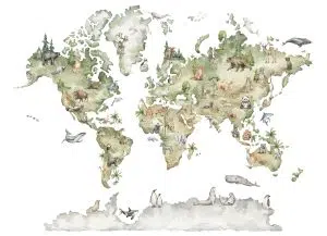 Watercolor world map with animals and natural elements. Wallpaper and wall murals USA