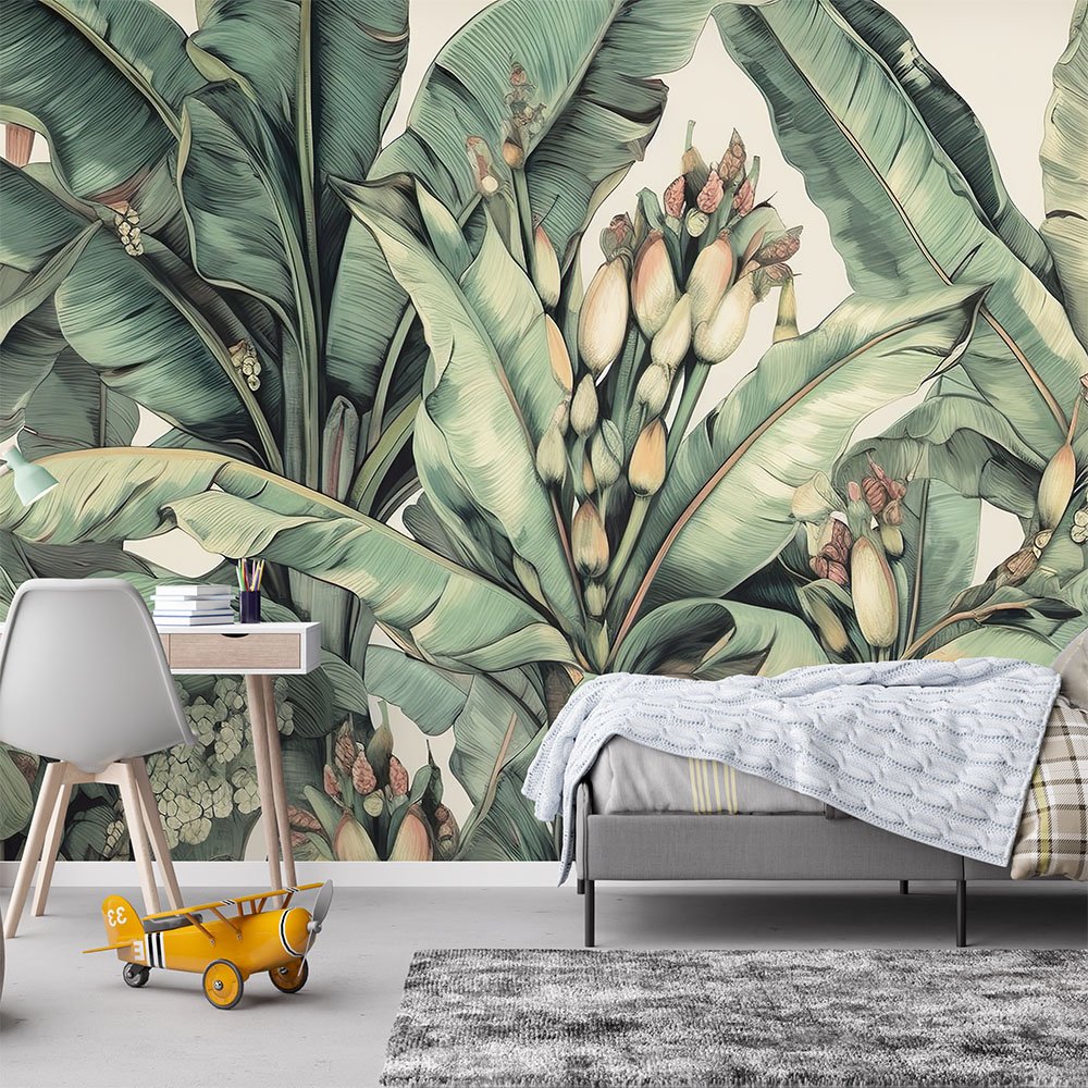 This is a zoomed-in lush tropical mural featuring detailed banana leaves and soft botanical tones, perfect for creating a serene and elegant natural retreat.
