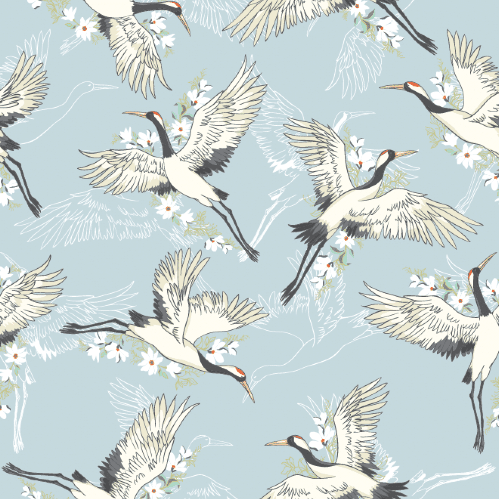 Peel and stick wallpaper of white cranes on light blue background.