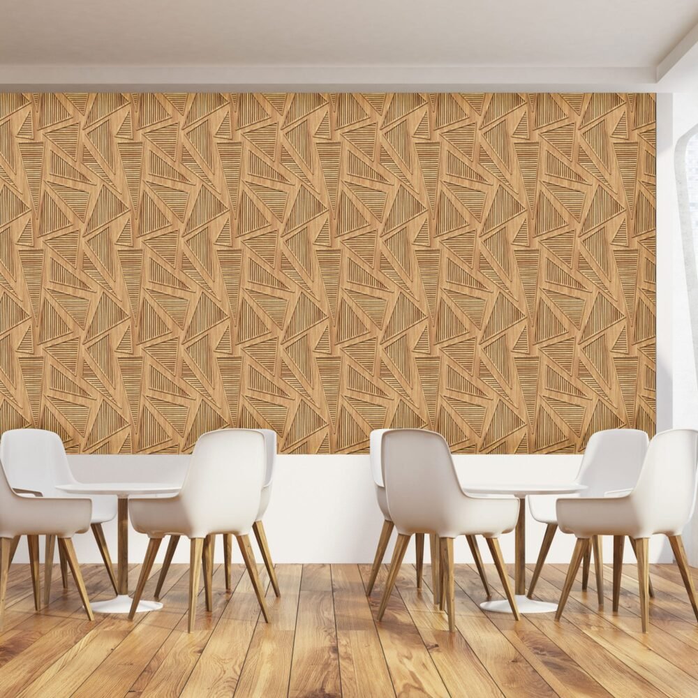Peel and stick wallpaper of triangular geometric wooden paneling.