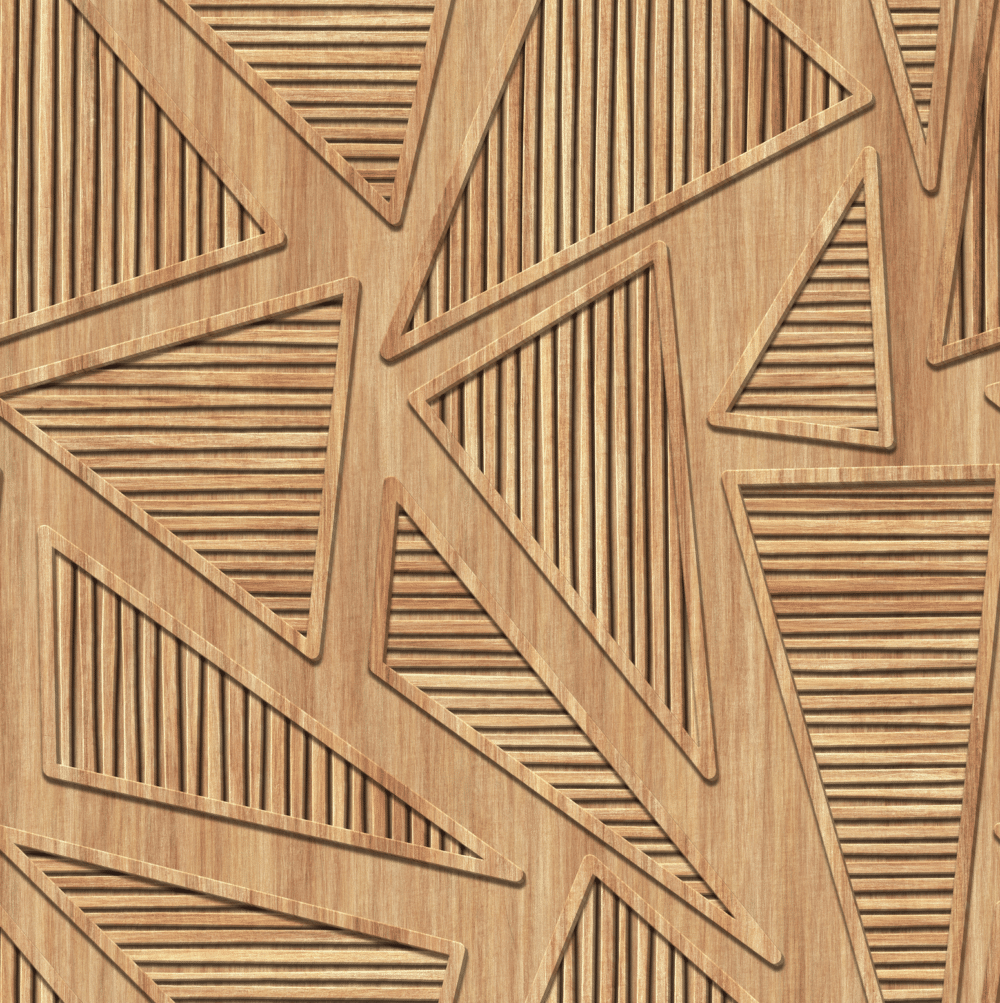 Peel and stick wallpaper of triangular geometric wooden paneling.