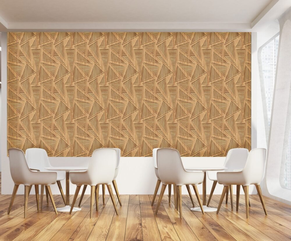 Peel and stick wallpaper of triangular geometric wooden paneling.