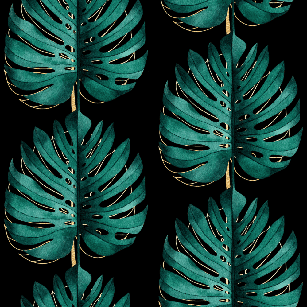 Peel and stick wallpaper of green delicious monster leaves on a black background.