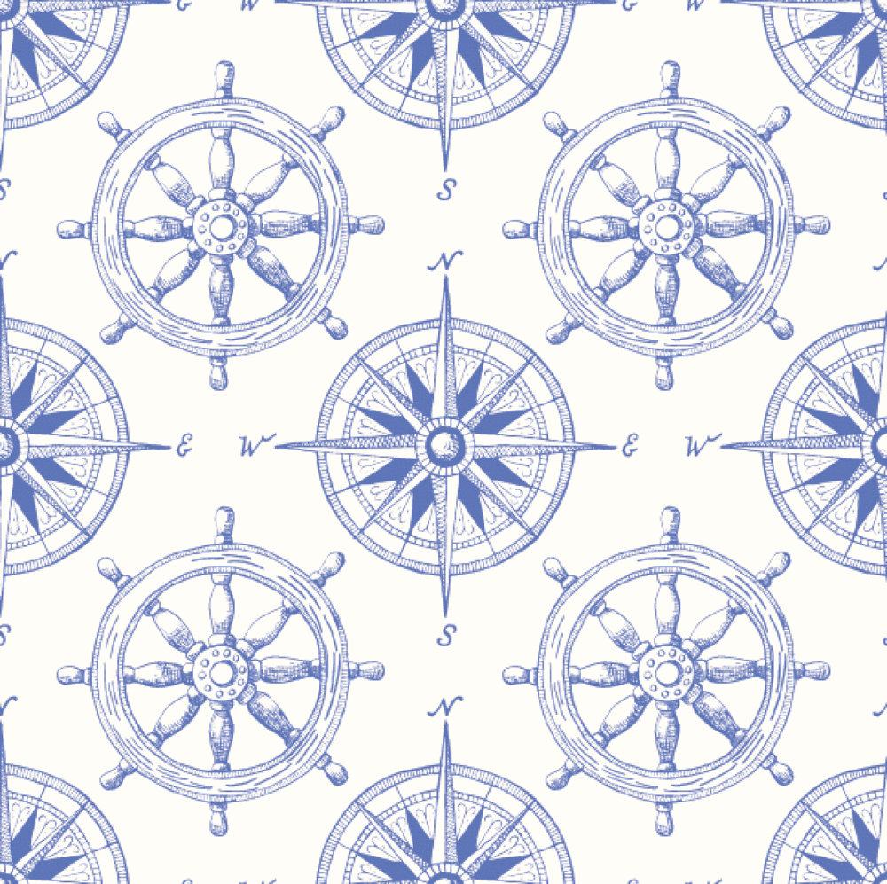 Peel and stick wallpaper of a ships wheel in blue and cream from wallpaper online Canada.