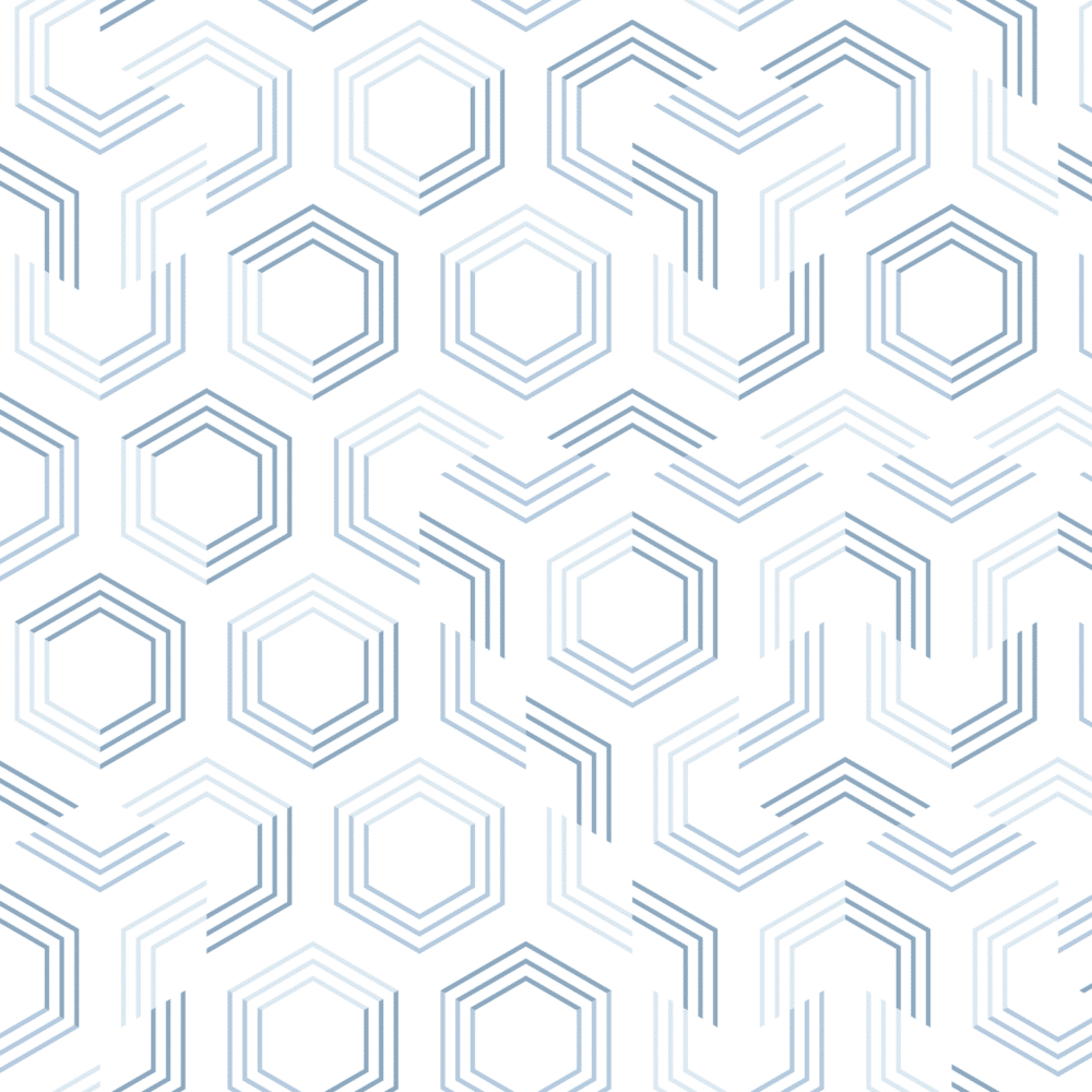 Peel and stick wallpaper of geometric hexagons in various shades of blue.