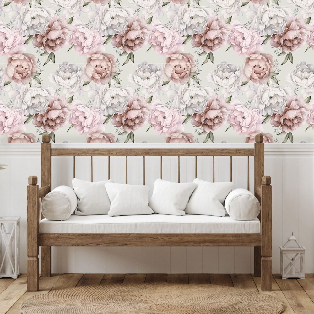 peel and stick wallpaper of peony flowers in watercolours of soft pinks and dusty pink, beige tones