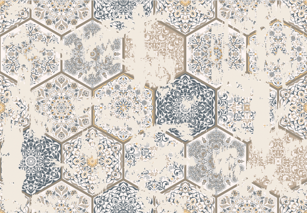 vintage tile hexagon wallpaper in beige and grey from Wallpaper Online Canadaa