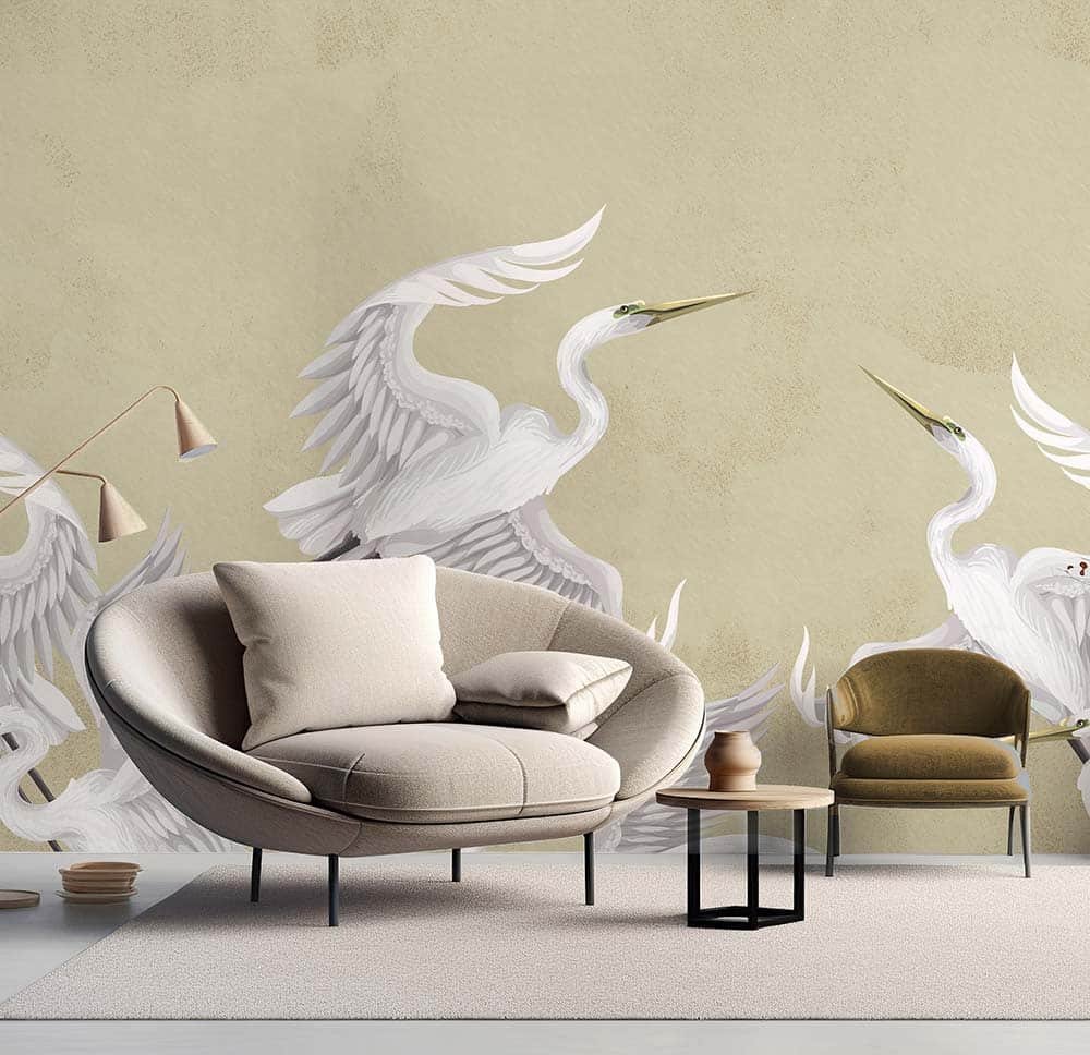 Taking flight beige heron wall mural from Wallpaper Online Canada
