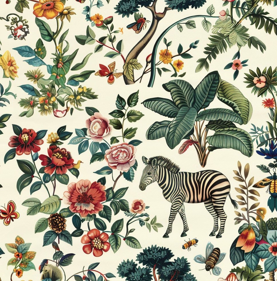 Artistic critters including bees and zebra cottage core style wallpaper from Wallpaper Online Canada