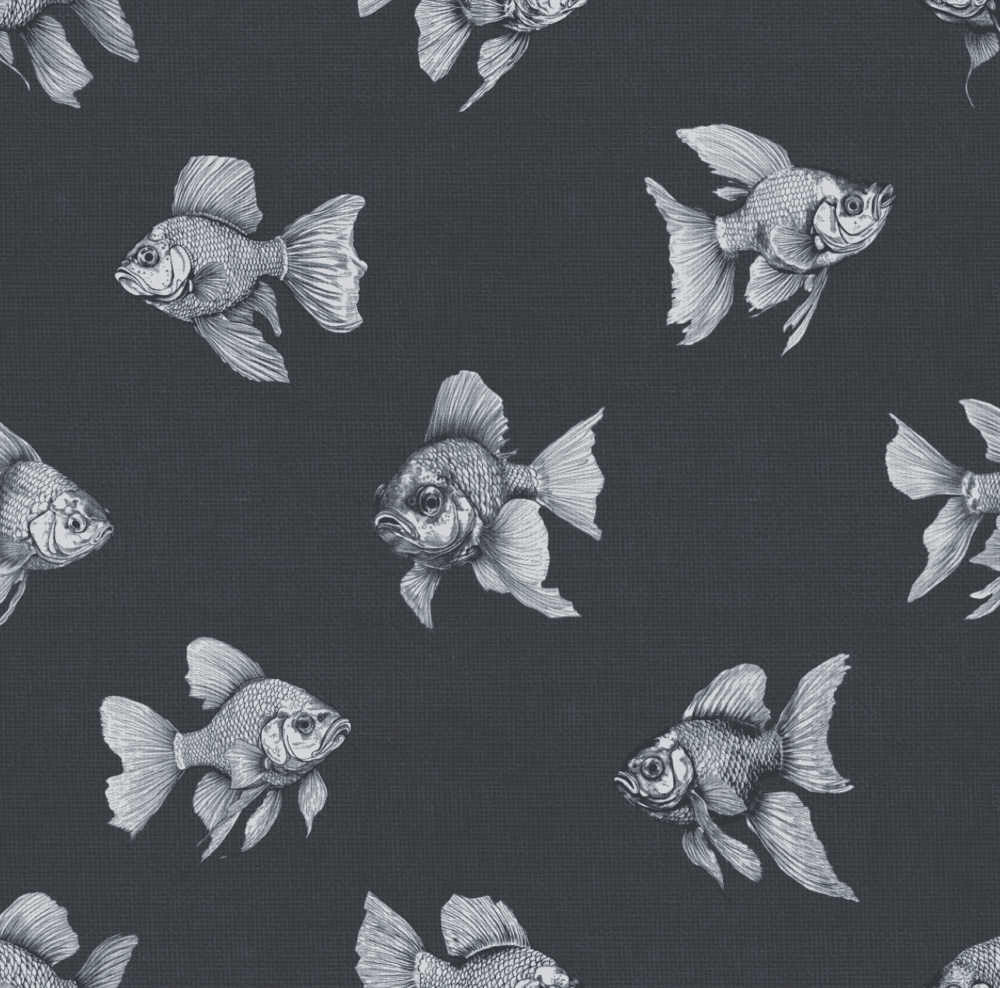 Charcoal and grey hand drawn gold fish wallpaper in exquisite detail for sale from Wallpaper Online Canada