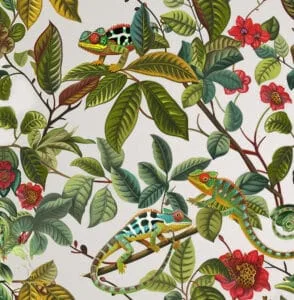 A green, grey, beige and red wallpaper of flowers intertwined with cheeky chameleons. Design available exclusively from Wallpaper Online Canada.