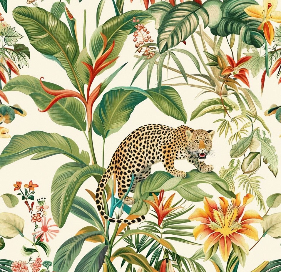 A crouching leopard amongst lush plants and flowers against a cream background wallpaper. Exclusively available from Wallpaper Online Canada
