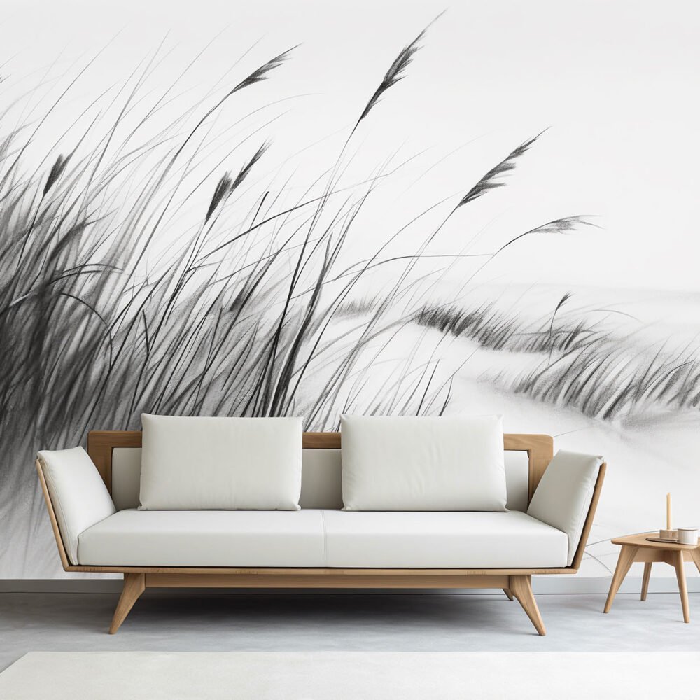 a wall mural of a charcoal sketch of reeds growing on the edge of the beach available from Wallpaper Online Canada