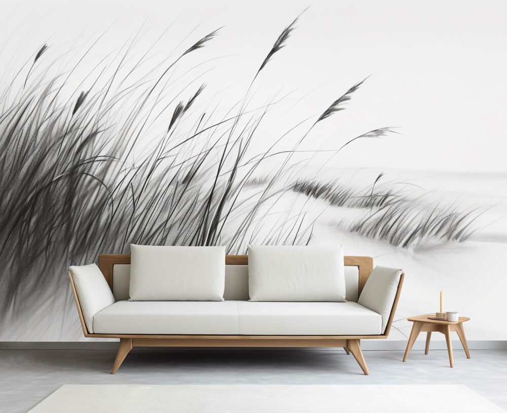 a wall mural of a charcoal sketch of reeds growing on the edge of the beach available from Wallpaper Online Canada