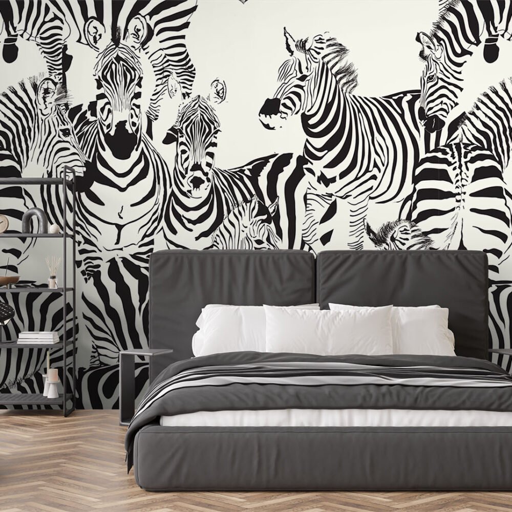 Mural of a herd of zebra looking inquisitively at you. Wallpaper sold by Wallpaper Online Canada