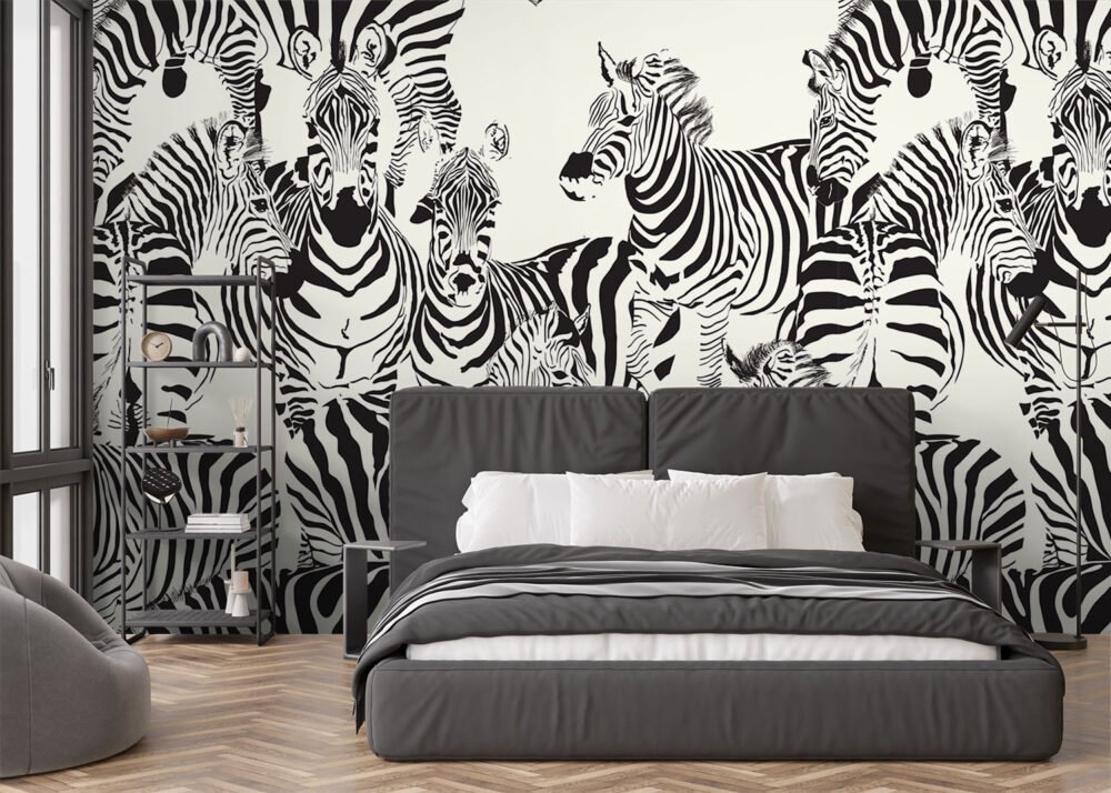 Mural of a herd of zebra looking inquisitively at you. Wallpaper sold by Wallpaper Online Canada