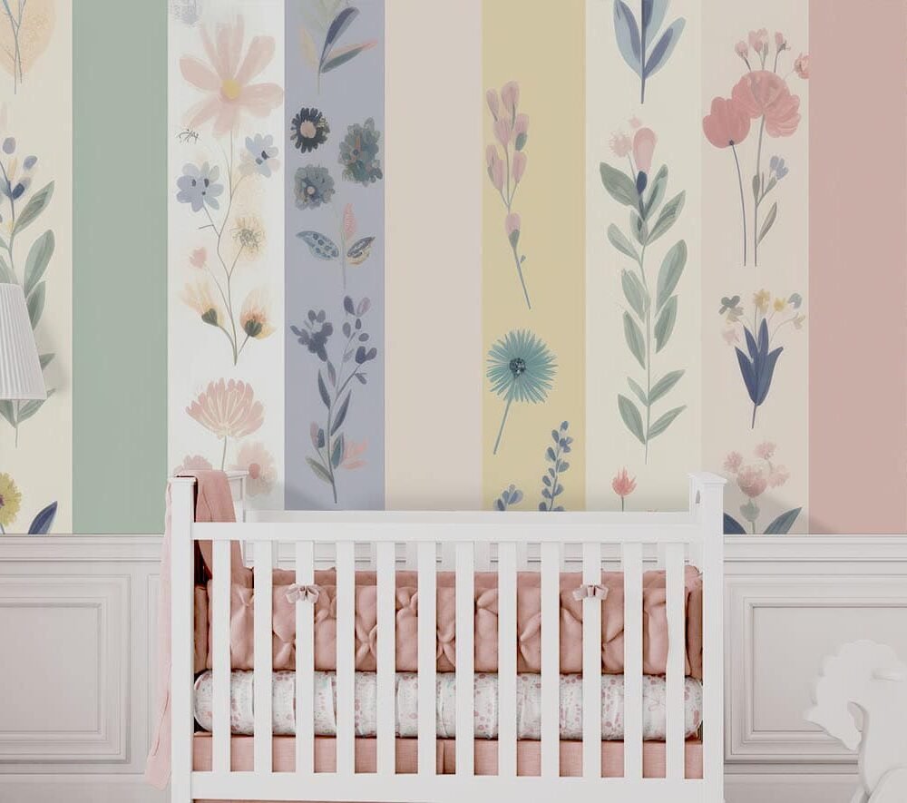 Pastel stripes with hand painted flowers wall mural from Wallpaper Online Canada