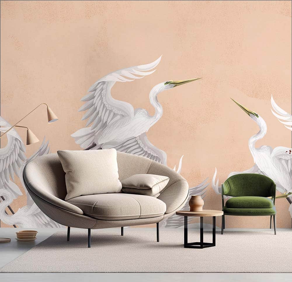 Taking flight peach fuzz heron wall mural from Wallpaper Online Canada