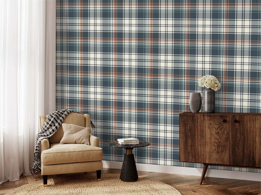 Gray, blue, green charcoal and white plaid design wallpaper. Tartan wallpaper for sale from Wallpaper Online Canada