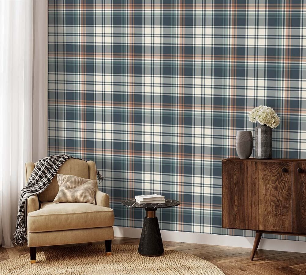 Gray, blue, green charcoal and white plaid design wallpaper. Tartan wallpaper for sale from Wallpaper Online Canada
