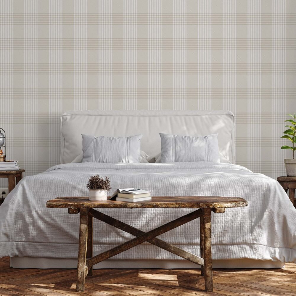 Beige, white and cream plaid design wallpaper. Tartan wallpaper for sale from Wallpaper Online Canada