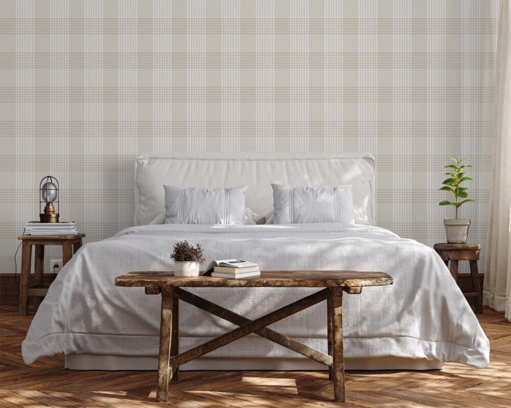 Beige, white and cream plaid design wallpaper. Tartan wallpaper for sale from Wallpaper Online Canada