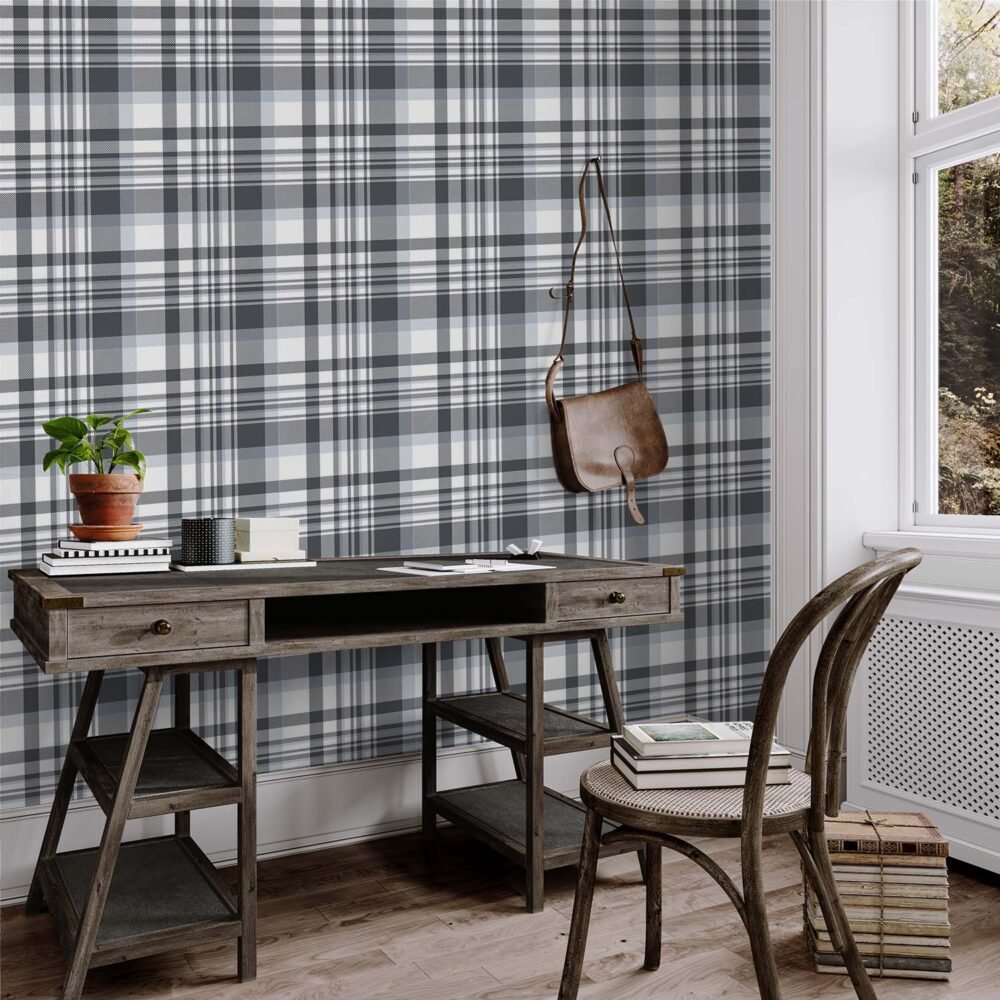 Gray, charcoal and white plaid design wallpaper. Tartan wallpaper for sale from Wallpaper Online Canada