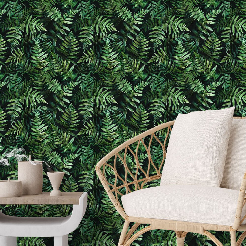 Wallpaper of ultra detailed fern leaves growing out of darkness creating a plant wall effect. Exclusively available from Wallpaper Online Canada