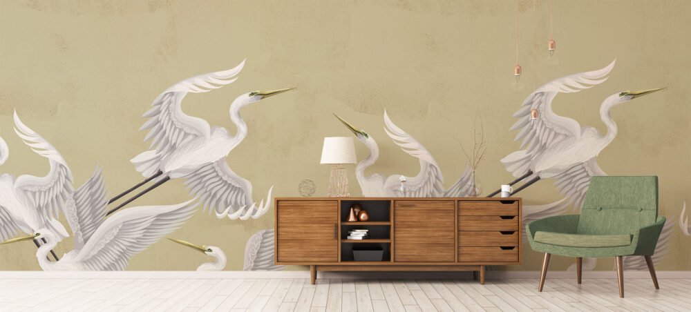 Taking flight beige heron wall mural from Wallpaper Online Canada