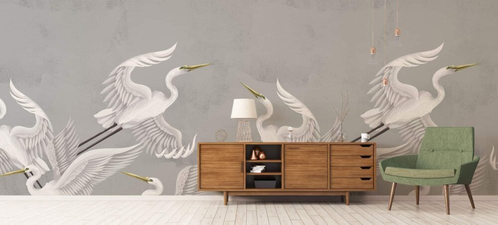 Taking flight grey heron wall mural from Wallpaper Online Canada