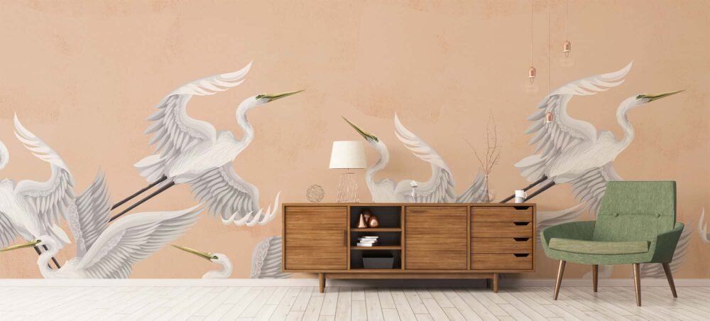 Taking flight peach fuzz heron wall mural from Wallpaper Online Canada