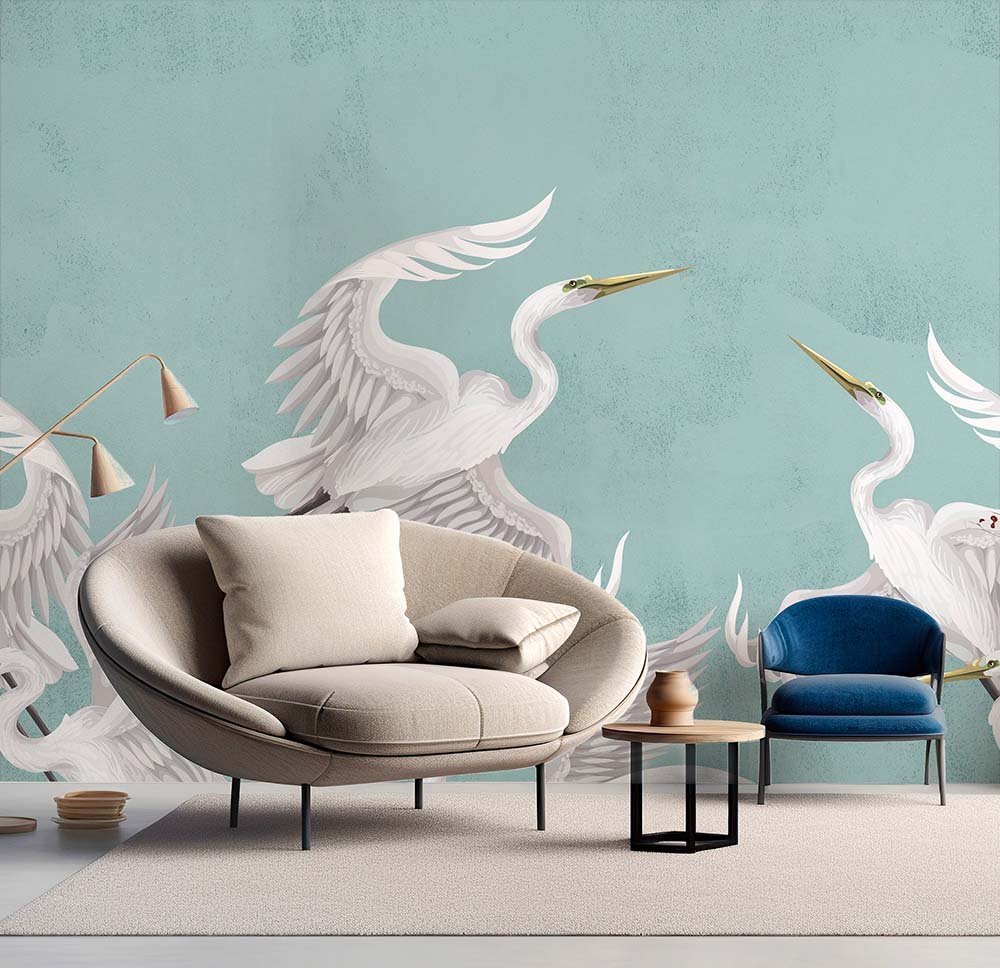 Taking flight teal heron wall mural from Wallpaper Online Canada
