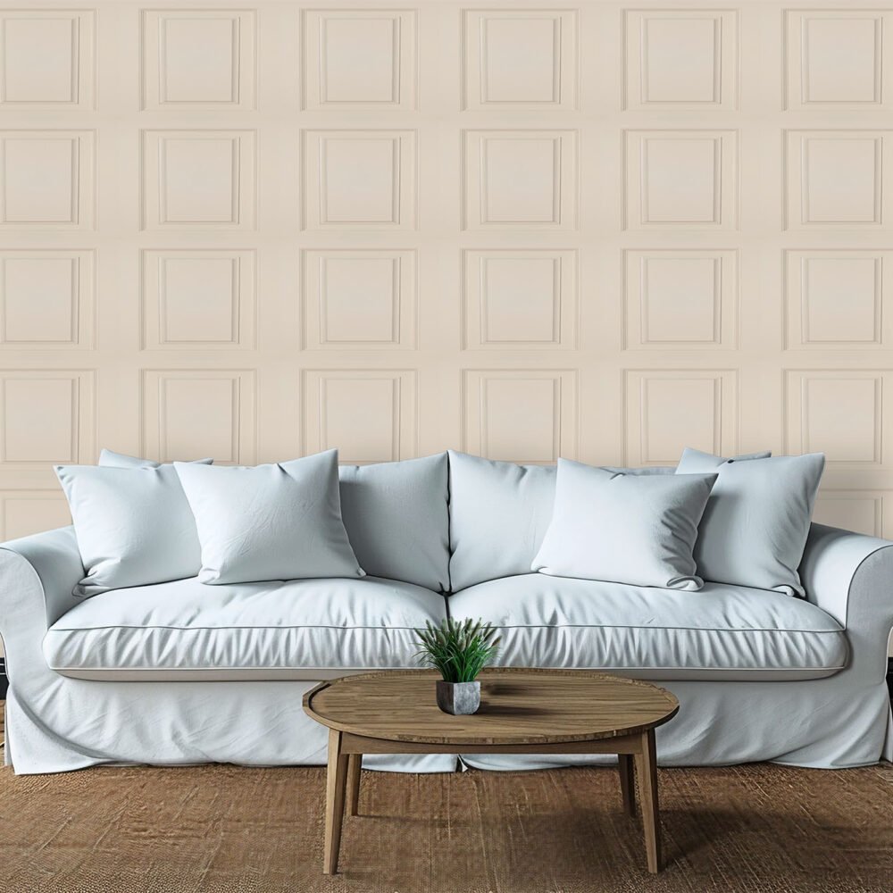 A warm beige or cream panelling wallpaper from Wallpaper Online Canada.