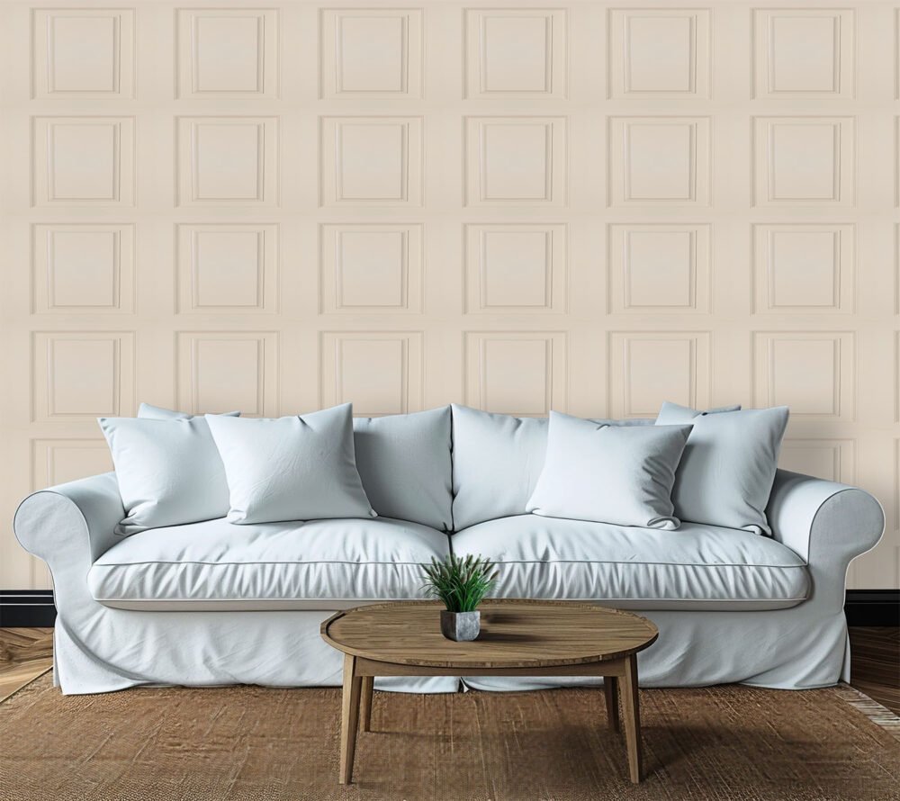 A warm beige or cream panelling wallpaper from Wallpaper Online Canada.