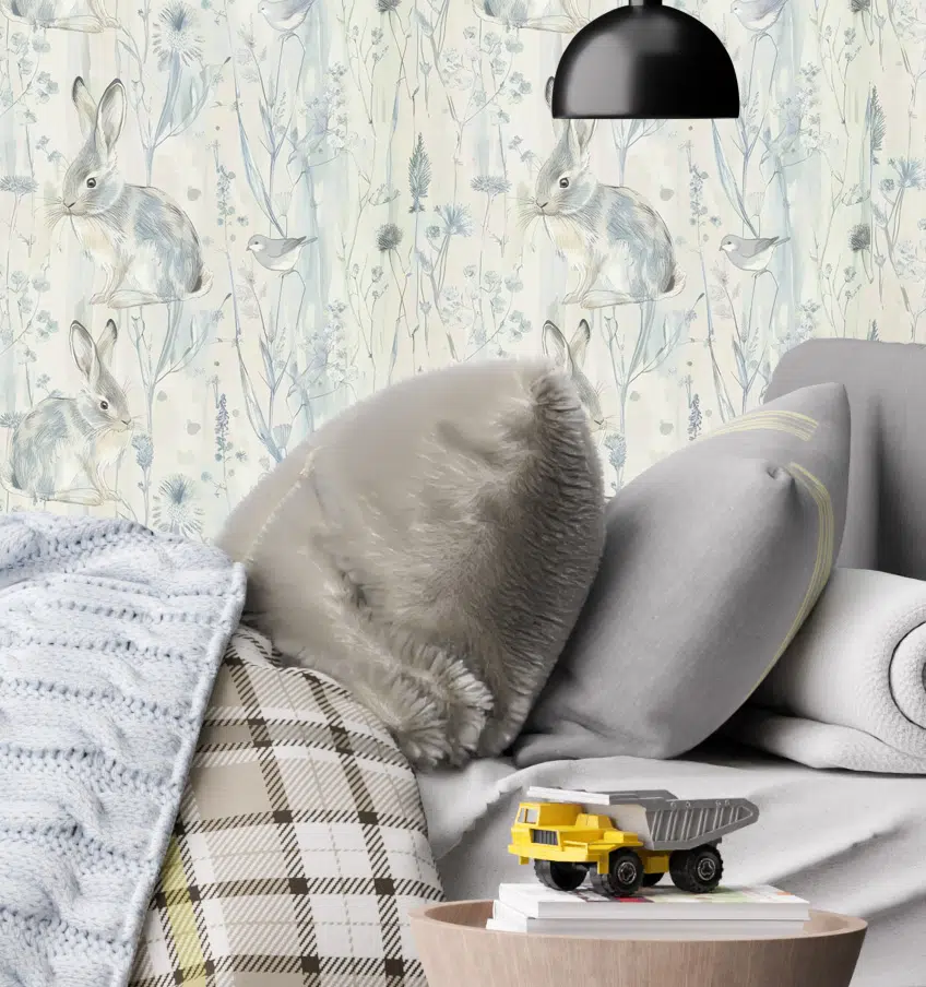 Rabbits, birds & thistles in a soft blue and beige wallpaper from Wallpaper Online Canada