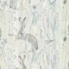 Rabbits, birds & thistles in a soft blue and beige wallpaper from Wallpaper Online Canada