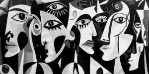 Monochrome geometric faces reminiscent of Picasso peel and stick wall mural exclusively from Wallpaper Online Canada