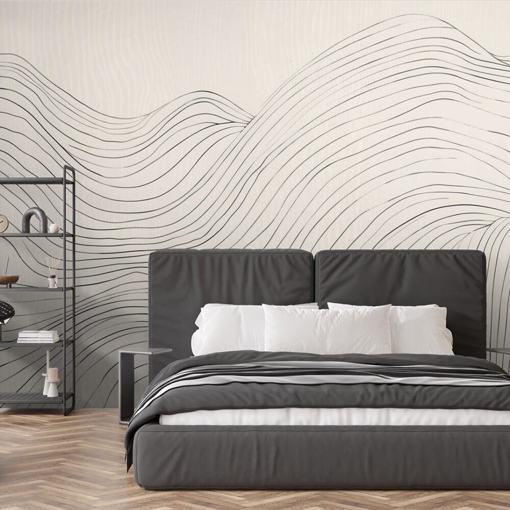 A minimalist soft hand drawn wavy line resembling a topographical map wall mural available exclusively from Wallpaper Online Canada.