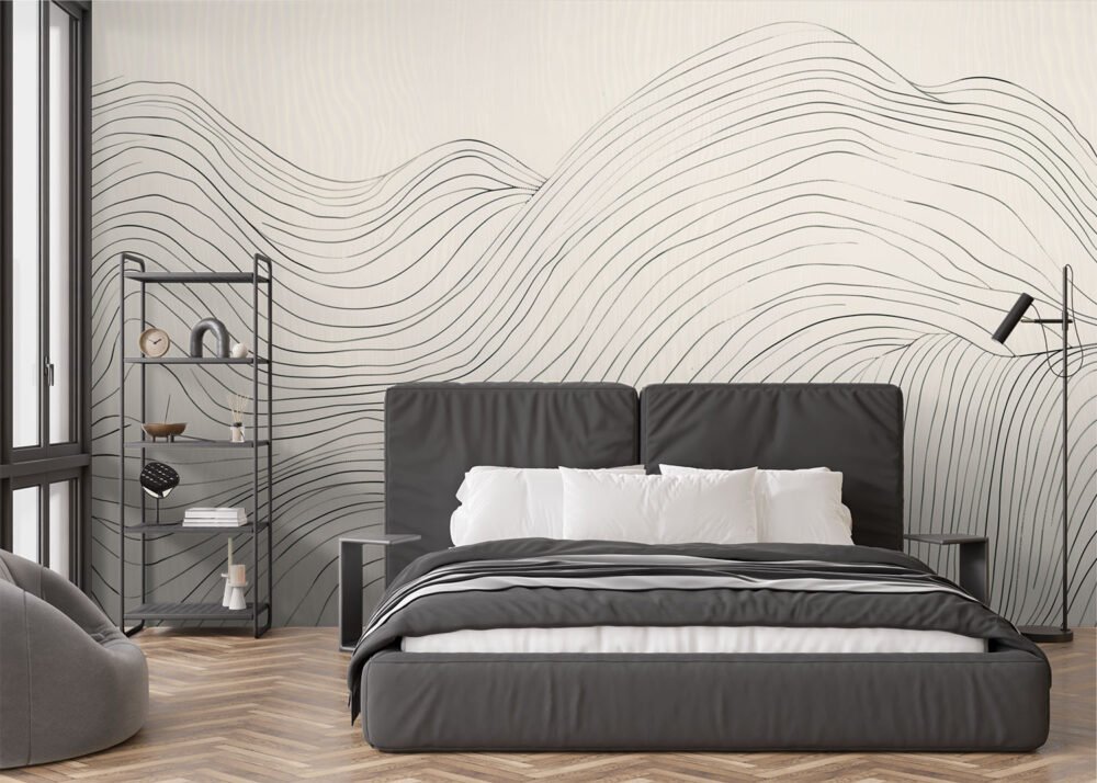 A minimalist soft hand drawn wavy line resembling a topographical map wall mural available exclusively from Wallpaper Online Canada.