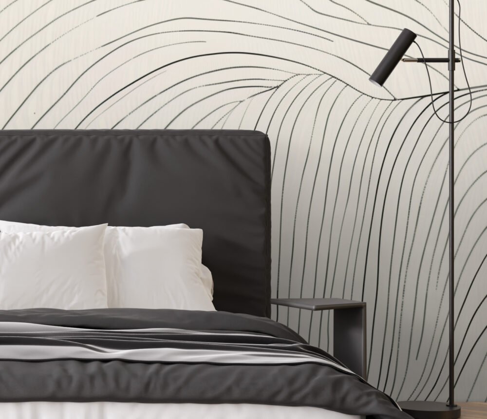 A minimalist soft hand drawn wavy line resembling a topographical map wall mural available exclusively from Wallpaper Online Canada.