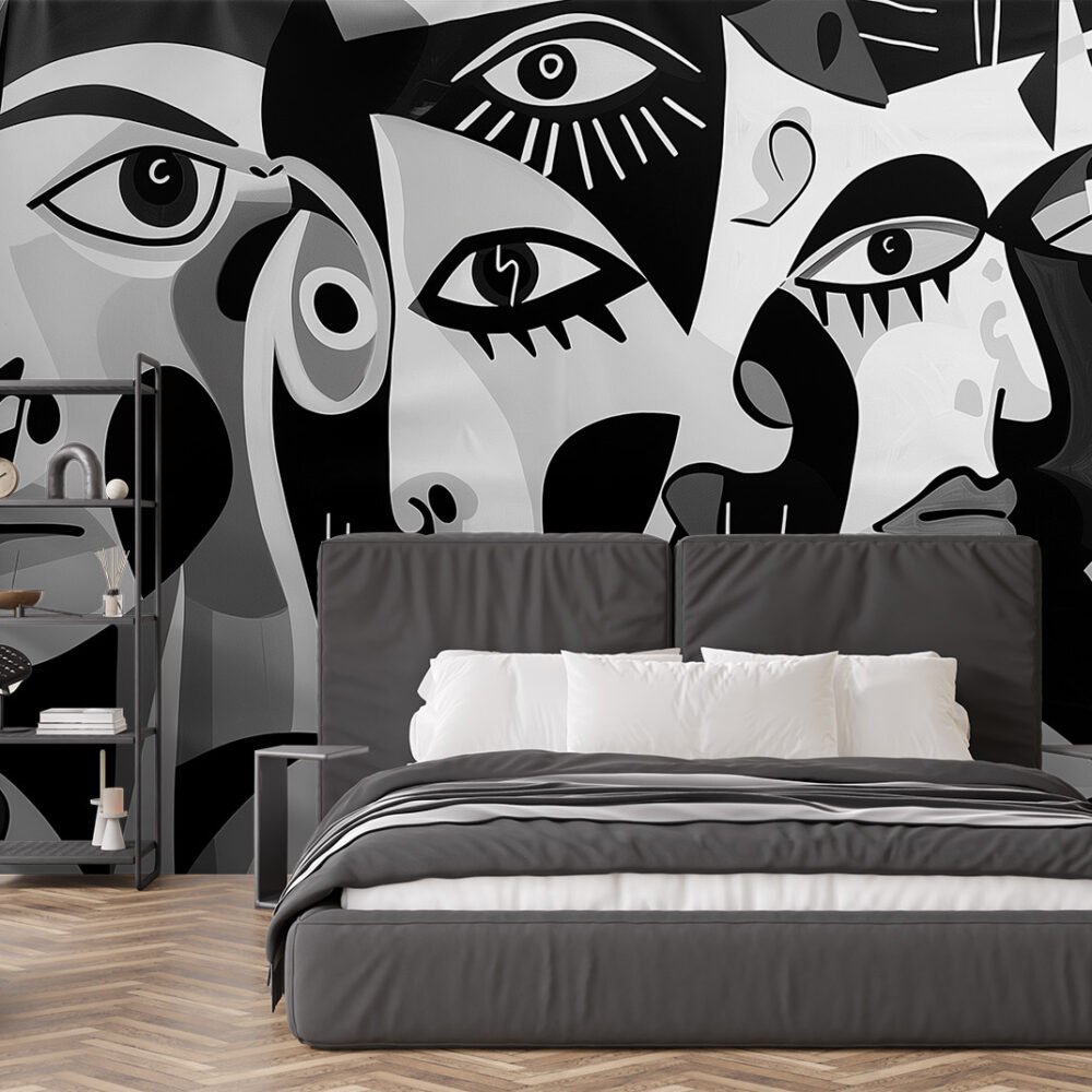 Monochrome geometric faces reminiscent of Picasso peel and stick wall mural exclusively from Wallpaper Online Canada